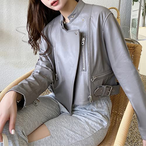 Women’s Grey Sheepskin Biker Leather Jacket – Slim Fit Café Racer