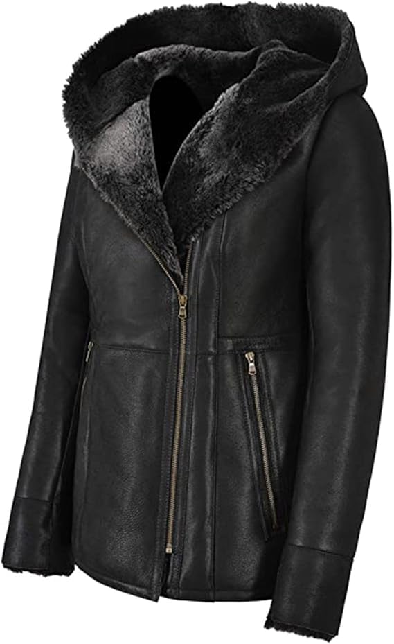 Women's Genuine Sheepskin Leather Hooded Sherpa Shearling Parka Faux Fur Trench Coat Outerwear Jacket