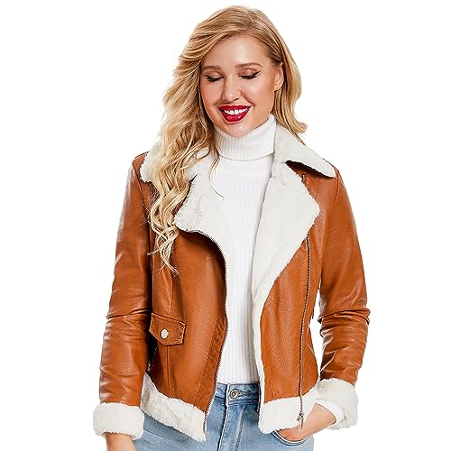 Women’s Brown Sheepskin Shearling Faux Fur Biker Jacket – Arna Luxe