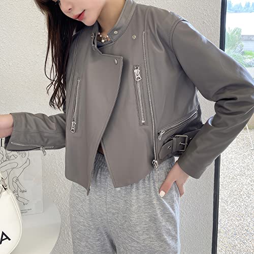 Women’s Grey Sheepskin Biker Leather Jacket – Slim Fit Café Racer