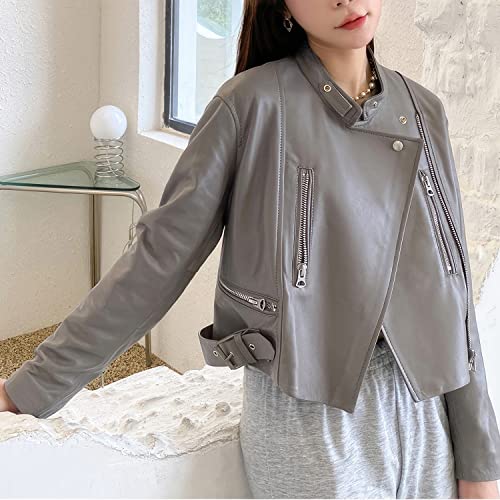 Women’s Grey Sheepskin Biker Leather Jacket – Slim Fit Café Racer