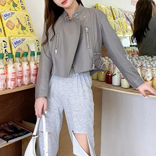 Women’s Grey Sheepskin Biker Leather Jacket – Slim Fit Café Racer