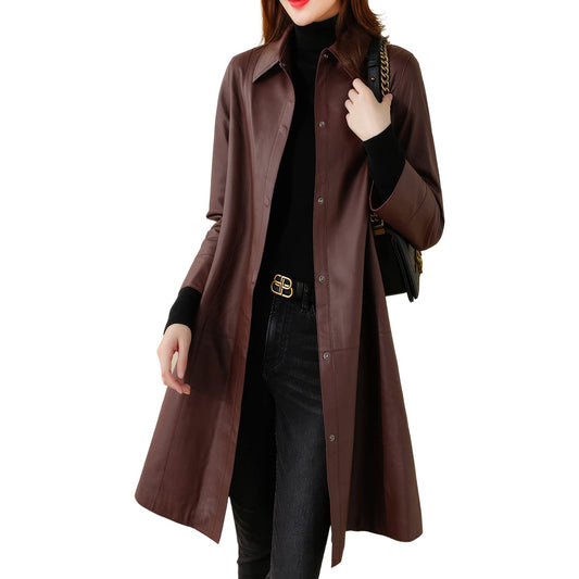 Brown Sheepskin Single-Breasted Autumn Trench Coat with Shirt Collar – Arna Luxe