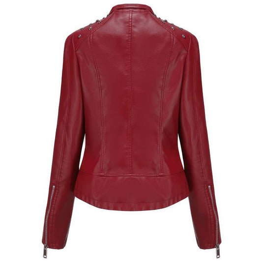 Women’s Wine Red Sheepskin Biker Leather Jacket with Studded Shoulders – Arna Luxe