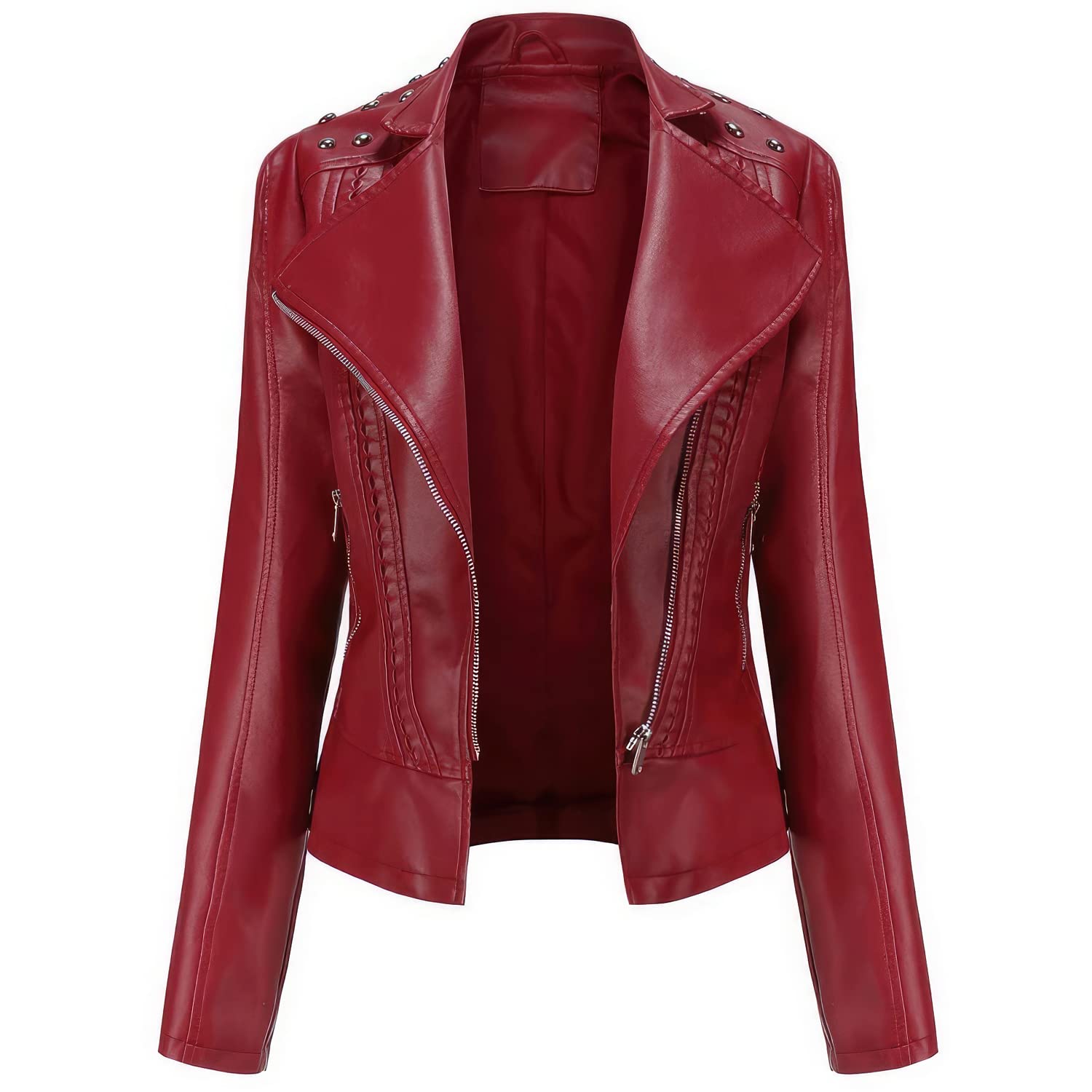 Women’s Wine Red Sheepskin Biker Leather Jacket with Studded Shoulders – Arna Luxe
