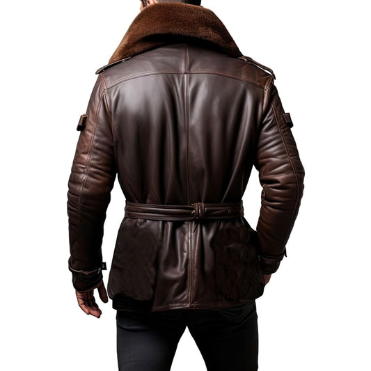 Men’s Brown Sheepskin Sherpa Shearling Aviator Style Mid-Length Leather Coat Style Jacket