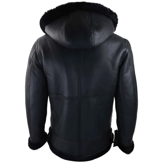 Men’s Black Sheepskin Bomber Jacket with Sherpa Shearling Faux Fur Hood – Winter Leather Outerwear