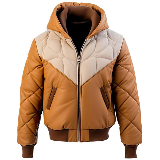 Men’s Brown Beige Genuine Sheepskin Hooded Zip-up Puffer Bomber Jacket with Rib Knit Cuffs