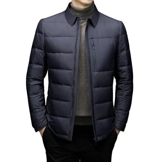 Men’s Blue Parachute Winter Puffer Jacket with Turn-Down Collar and YKK Zipper