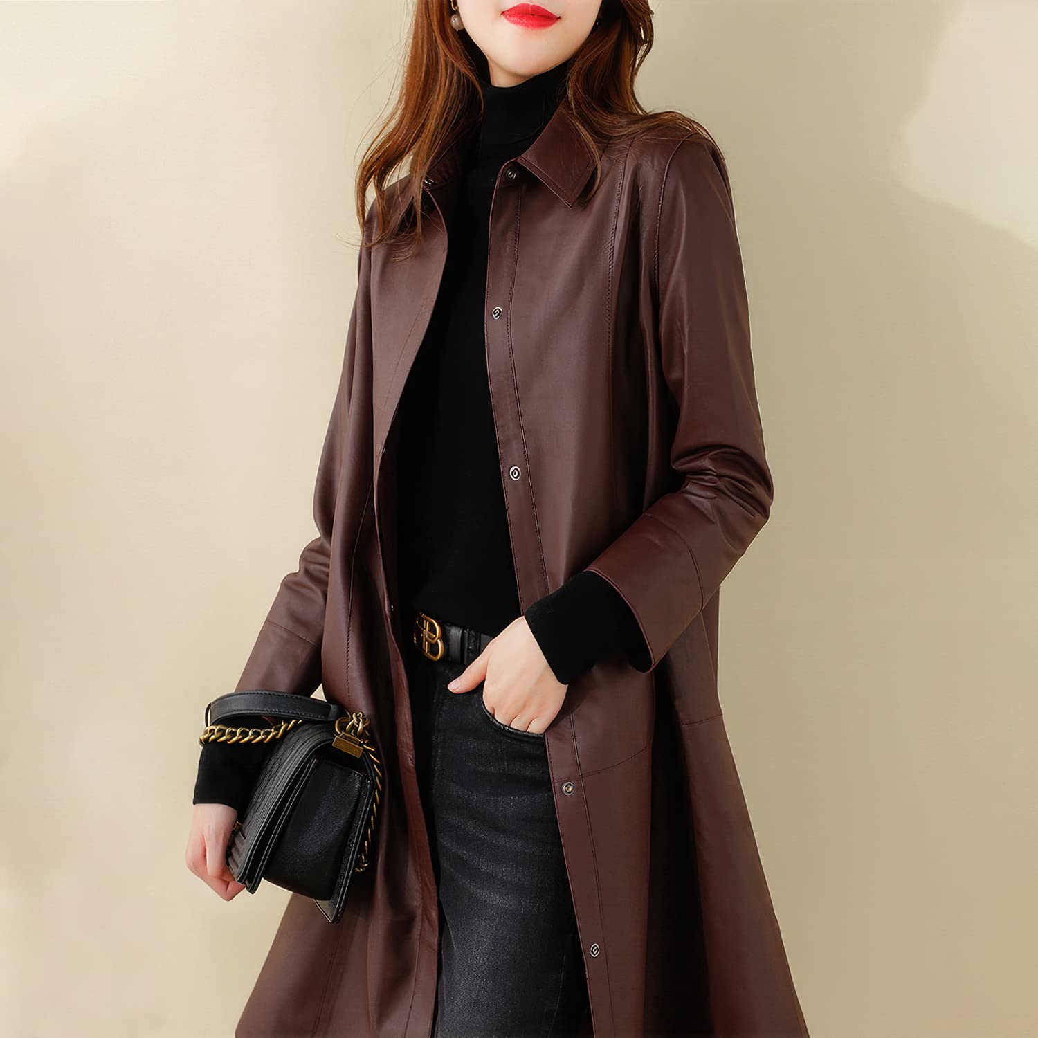 Brown Sheepskin Single-Breasted Autumn Trench Coat with Shirt Collar – Arna Luxe