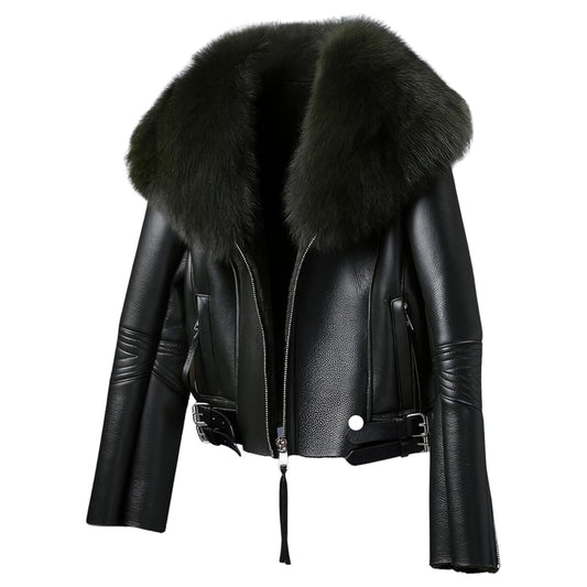 Women’s Dark Green Sheepskin Sherpa Shearling Faux Fur Collar Warm Korean Luxury Leather Jacket