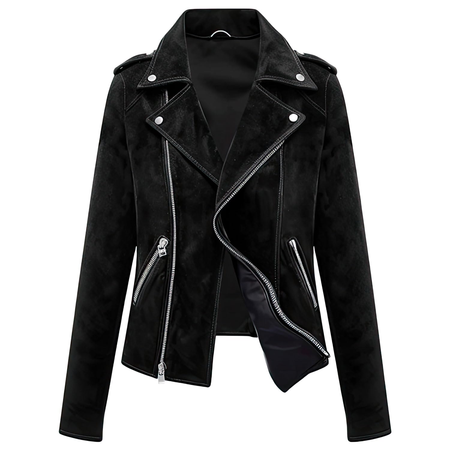 Women’s Black Suede Biker Leather Jacket with Lapel Collar & Asymmetric Zipper – Arna Luxe