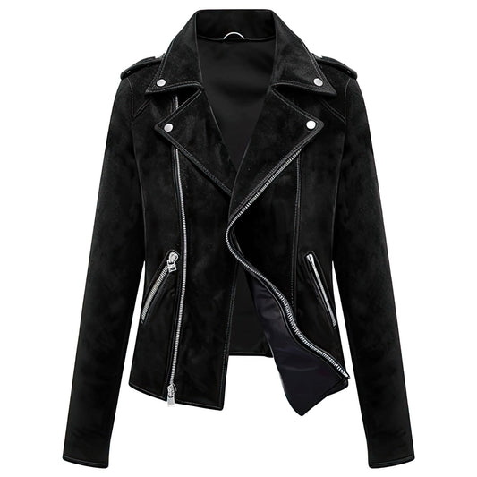 Women’s Black Suede Biker Leather Jacket with Lapel Collar & Asymmetric Zipper – Arna Luxe
