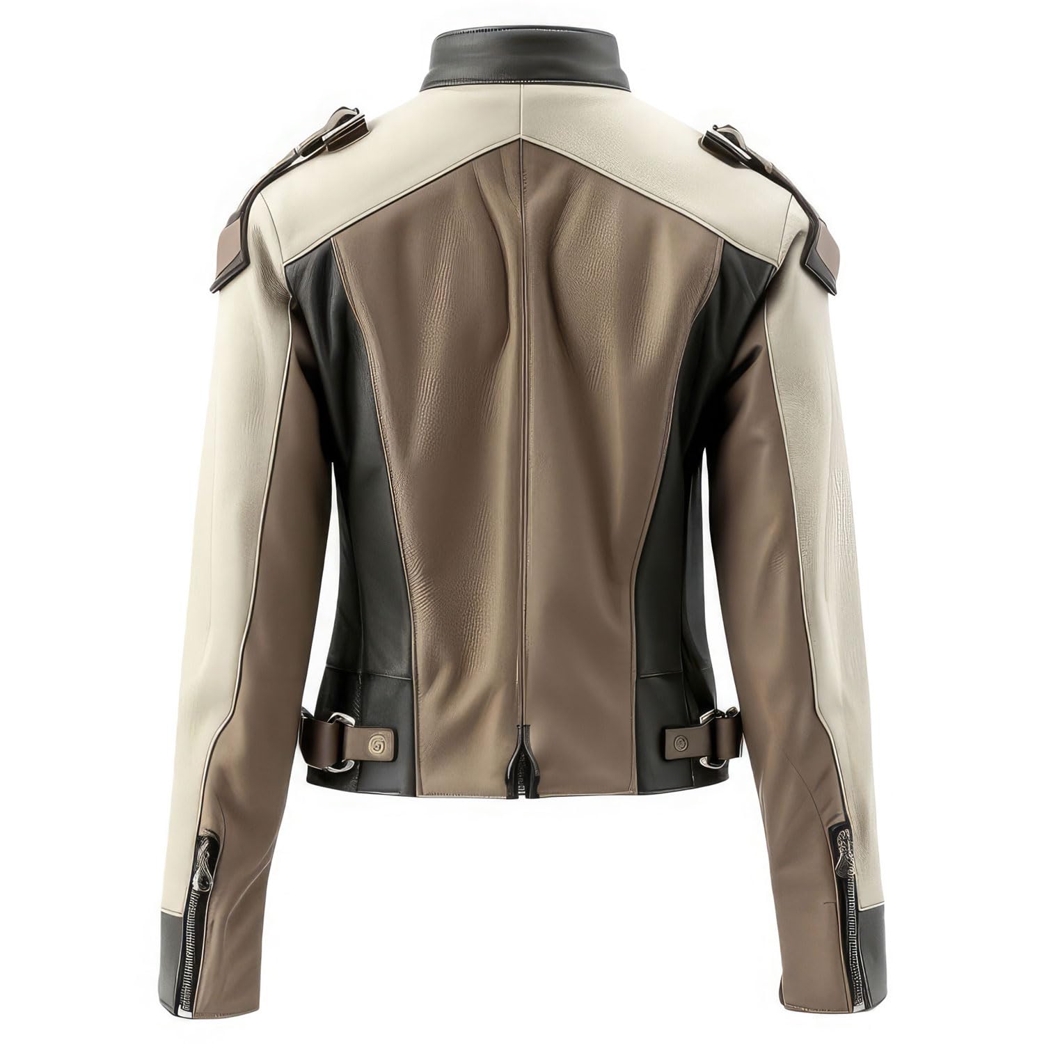 Women’s Cream Black Sheepskin Biker Leather Jacket with Stand Collar – Arna Luxe