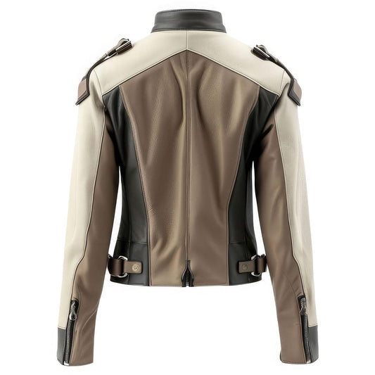 Women’s Cream Black Sheepskin Biker Leather Jacket with Stand Collar – Arna Luxe
