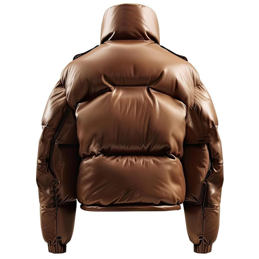 Men’s Cinnamon Brown Sheepskin High Neck Quilted Winter Puffer Jacket with Elastic Cuffs and Side Waist Pockets