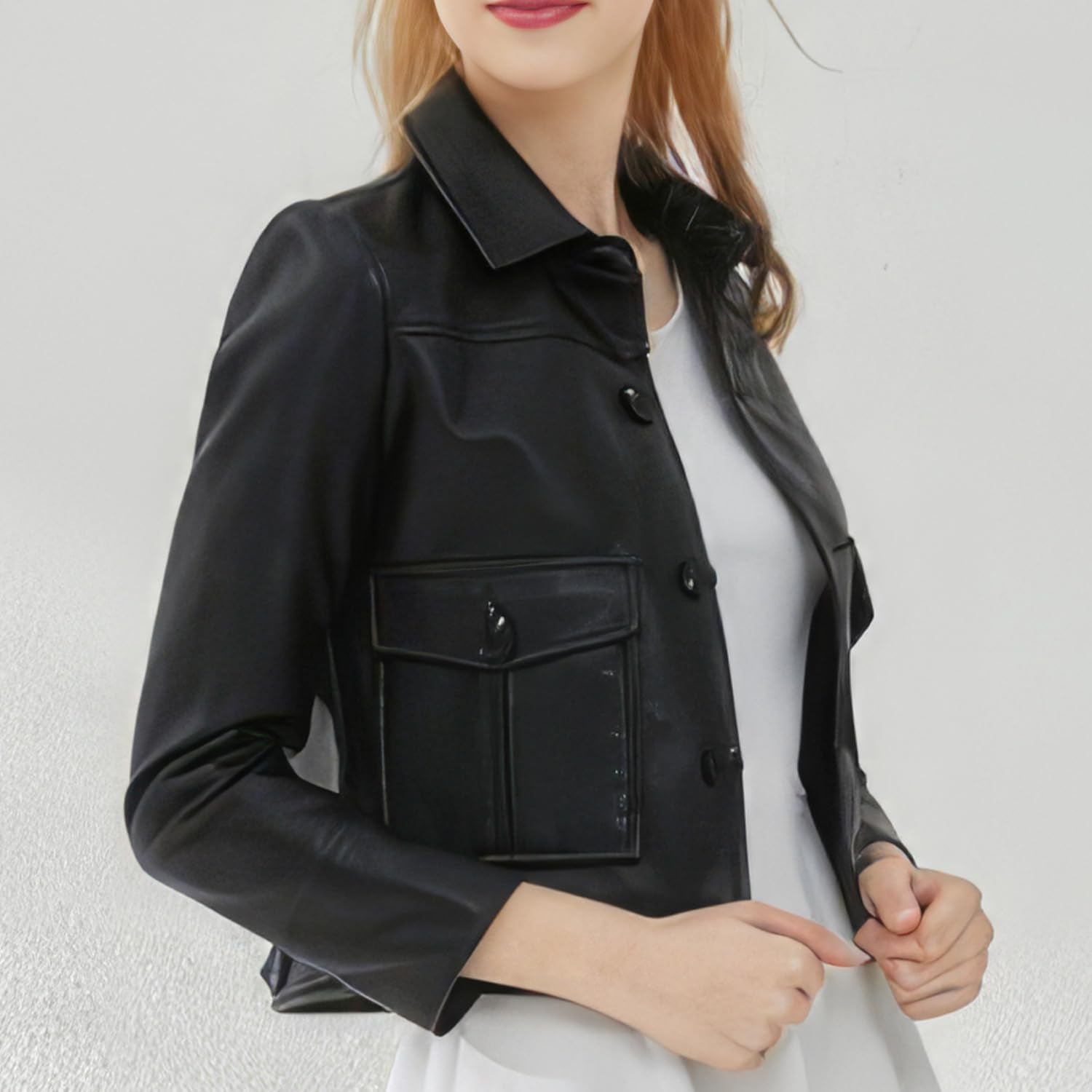 Women’s Black Sheepskin Biker Leather Jacket with Shirt Collar – Arna Luxe
