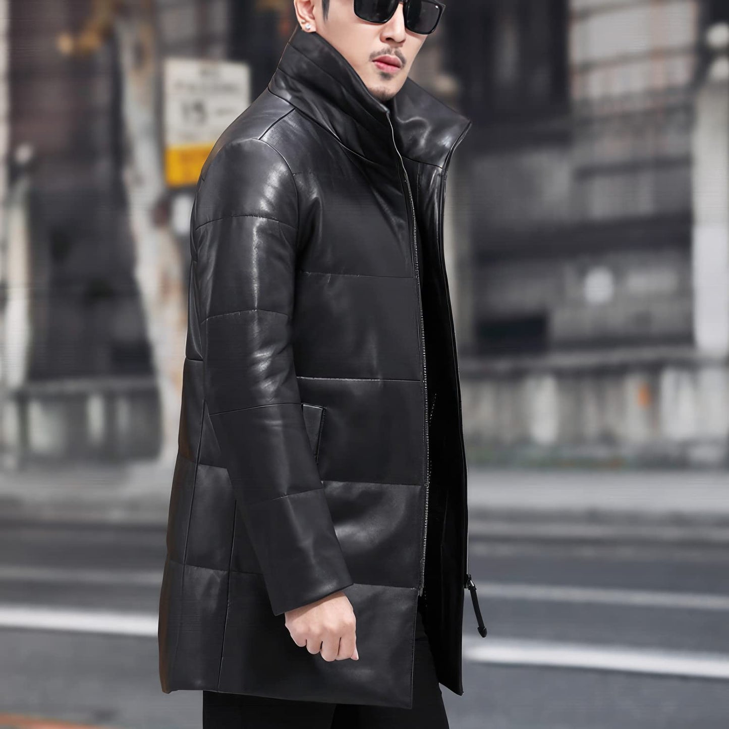 Men’s Black Genuine Sheepskin Sherpa Shearling Faux Fur Lined Thick Warm Slim Fit Padded Leather Puffer Jacket