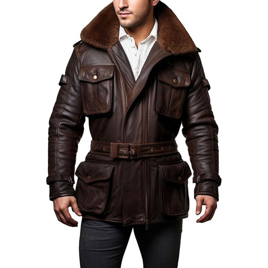 Men’s Brown Sheepskin Sherpa Shearling Aviator Style Mid-Length Leather Coat Style Jacket