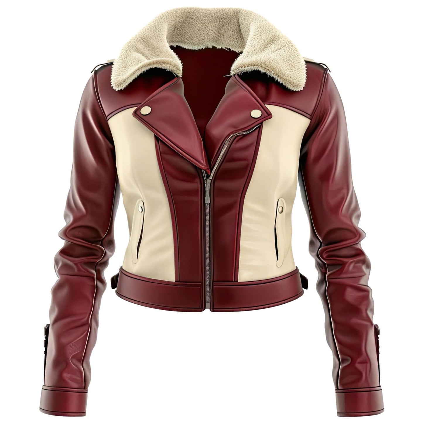 Women’s Beige Maroon Genuine Sheepskin Warm Zip-up B3 Aviator Leather Jacket with Sherpa Faux Fur Collar