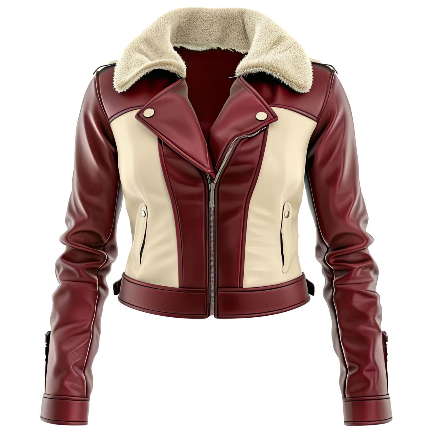 Women’s Beige Maroon Genuine Sheepskin B3 Aviator Jacket with Sherpa Faux Fur Collar – Arna Luxe