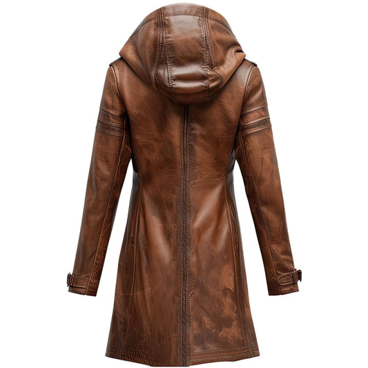 Men’s distressed brown hooded leather trench coat