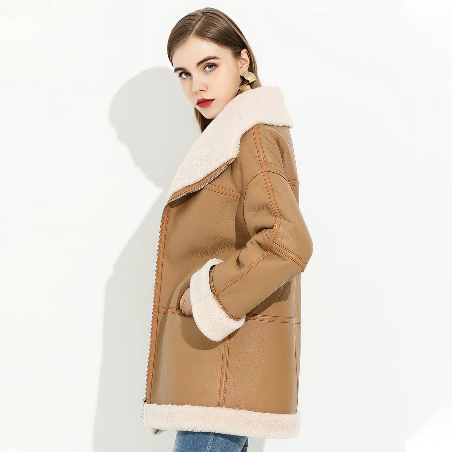 Women’s Camel Brown Sheepskin Sherpa Shearling Faux Fur Aviator Pilot Leather Jacket