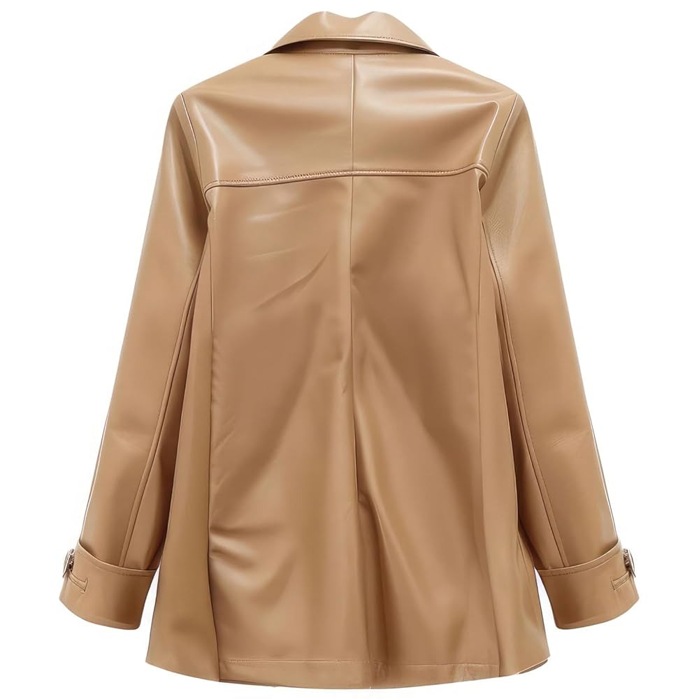 Women's Beige Genuine Sheepskin Pea Coat - Double Breasted, Lapel Collar - Office Wear