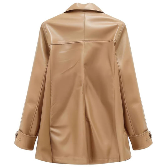 Women's Beige Genuine Sheepskin Pea Coat - Double Breasted, Lapel Collar - Office Wear