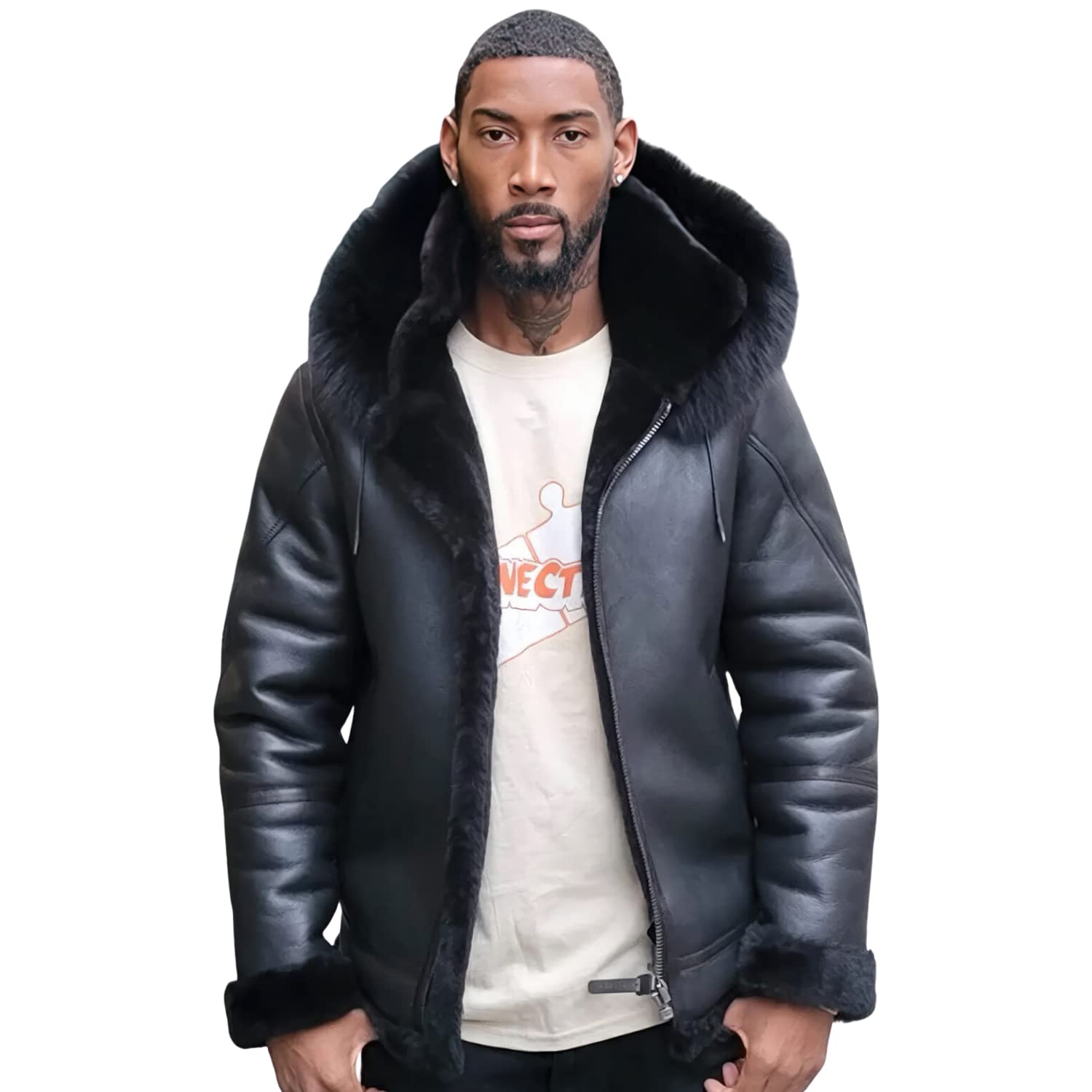 Men’s Black Sheepskin Bomber Jacket with Sherpa Shearling Faux Fur Hood – Winter Leather Outerwear