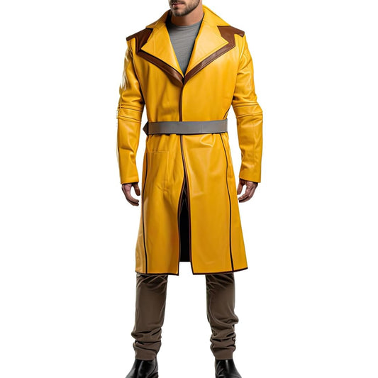 Men’s Yellow Genuine Sheepskin Belted Knee-Length Stylish Lapel Collar Trench Coat