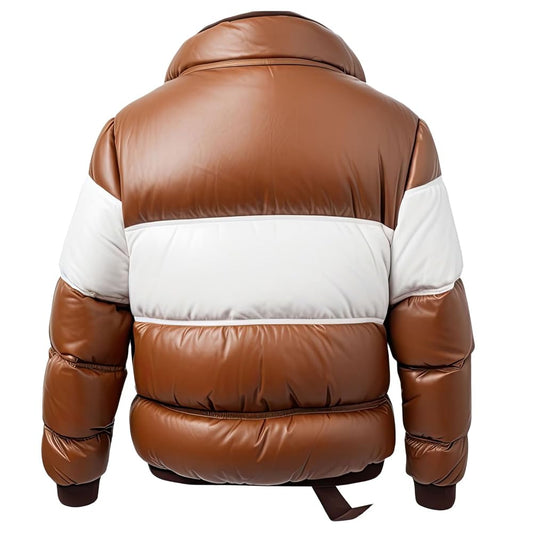 Men’s Brown White Sheepskin Padded High Neck Bomber Winter Lightweight Puffer Leather Jacket