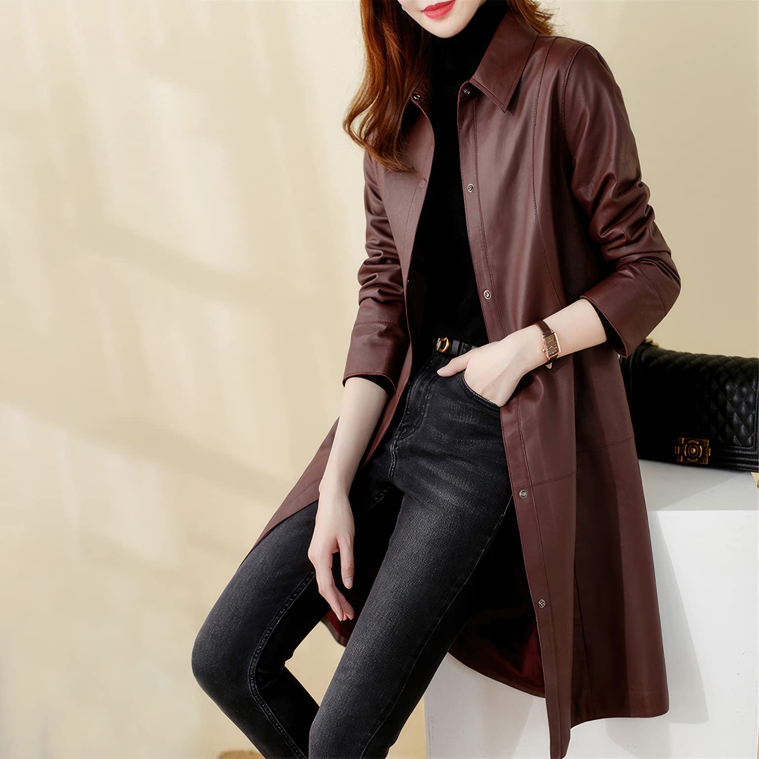 Brown Sheepskin Single-Breasted Autumn Trench Coat with Shirt Collar – Arna Luxe