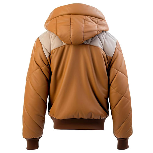 Men’s Brown Beige Genuine Sheepskin Hooded Zip-up Puffer Bomber Jacket with Rib Knit Cuffs