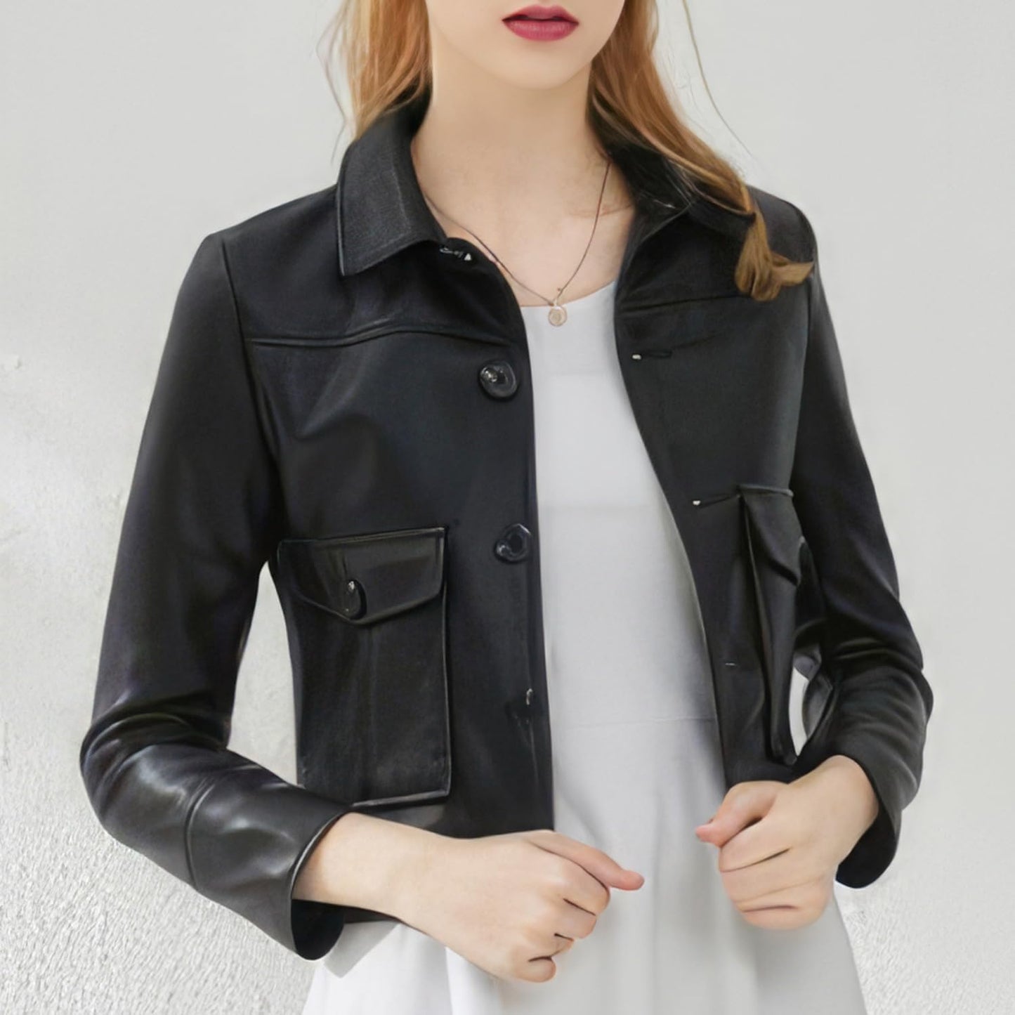 Women’s Black Sheepskin Biker Leather Jacket with Shirt Collar – Arna Luxe