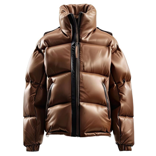 Men’s Cinnamon Brown Sheepskin High Neck Quilted Winter Puffer Jacket with Elastic Cuffs and Side Waist Pockets