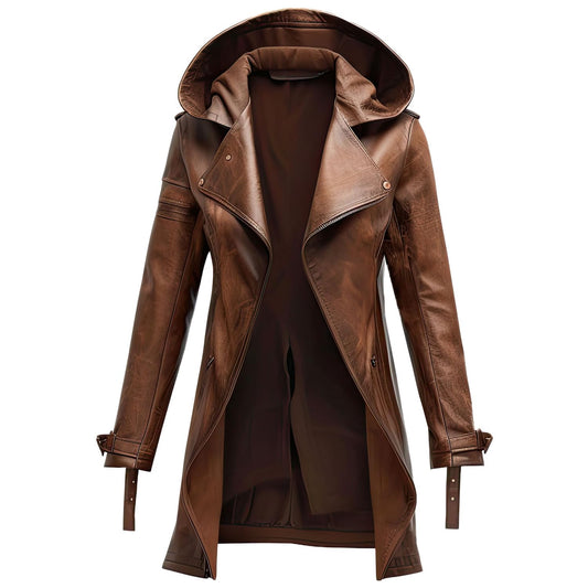 Men’s distressed brown hooded leather trench coat