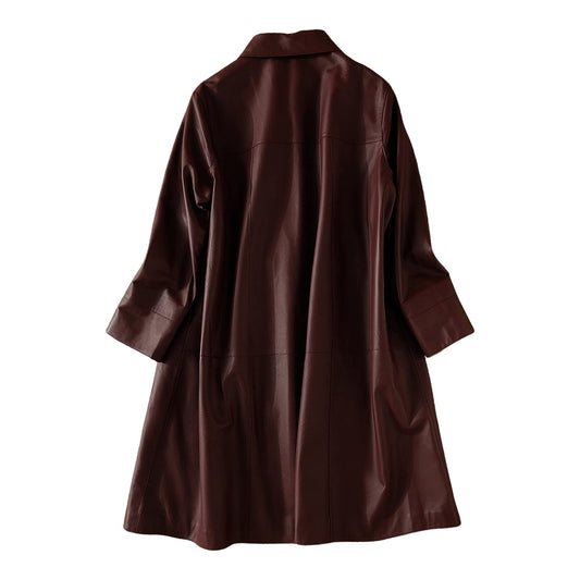 Brown Sheepskin Single-Breasted Autumn Trench Coat with Shirt Collar – Arna Luxe