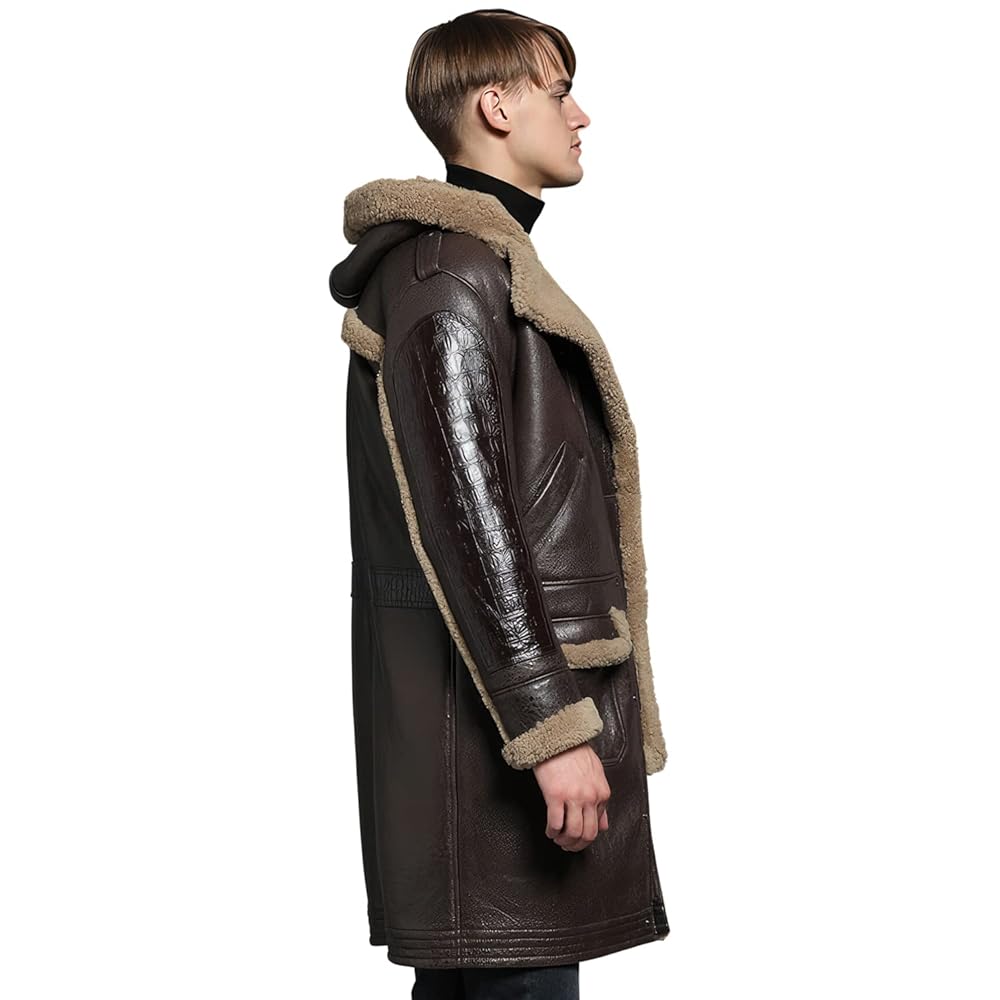 Men’s Brown Sheepskin Sherpa Shearling Faux Fur Hooded Winter Warm Military Leather Coat