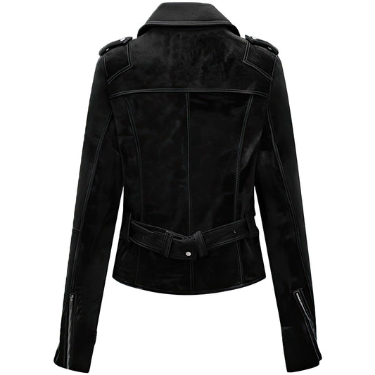 Women’s Black Suede Biker Leather Jacket with Lapel Collar & Asymmetric Zipper – Arna Luxe