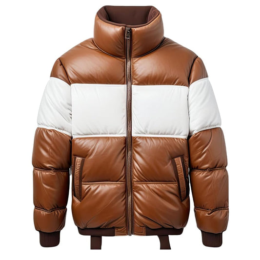 Men’s Brown White Sheepskin Padded High Neck Bomber Winter Lightweight Puffer Leather Jacket