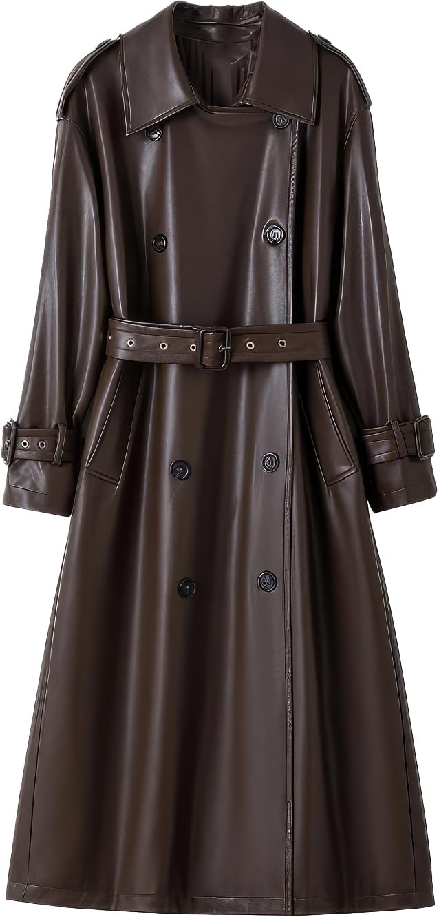 Elegant Brown Sheepskin Long Double-Breasted Belted Trench Coat – Arna Luxe