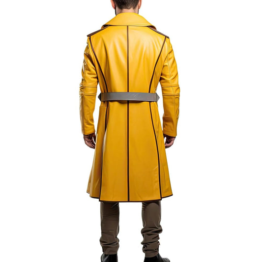 Men’s Yellow Genuine Sheepskin Belted Knee-Length Stylish Lapel Collar Trench Coat