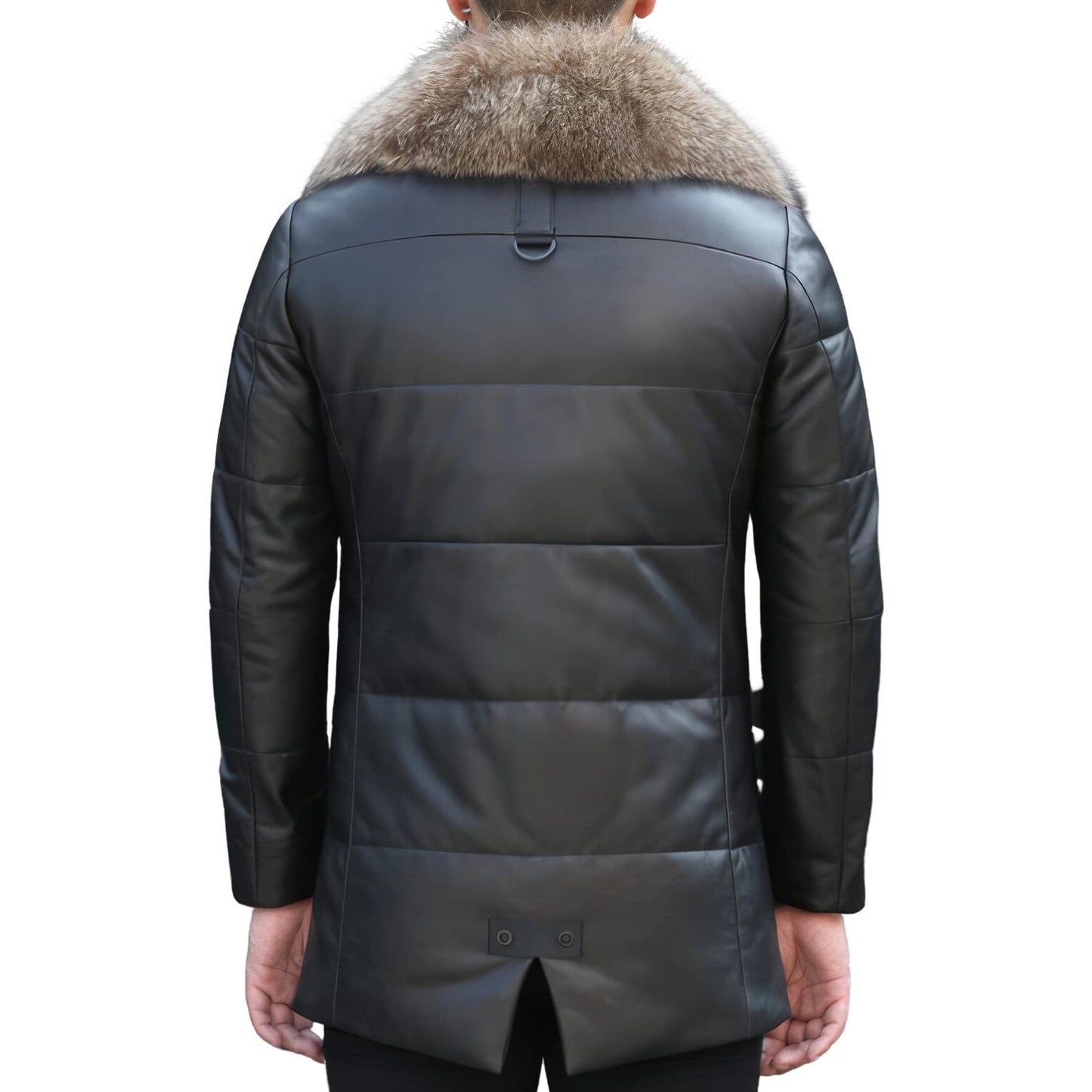 Men’s Black Genuine Sheepskin Sherpa Shearling Faux Fur Lined Thick Warm Slim Fit Padded Leather Puffer Jacket