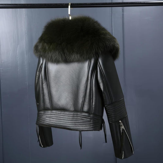 Women’s Dark Green Sheepskin Sherpa Shearling Faux Fur Collar Warm Korean Luxury Leather Jacket