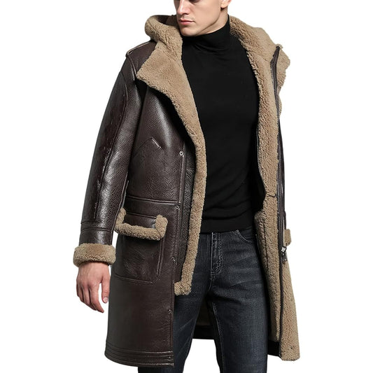 Men’s Brown Sheepskin Sherpa Shearling Faux Fur Hooded Winter Warm Military Leather Coat