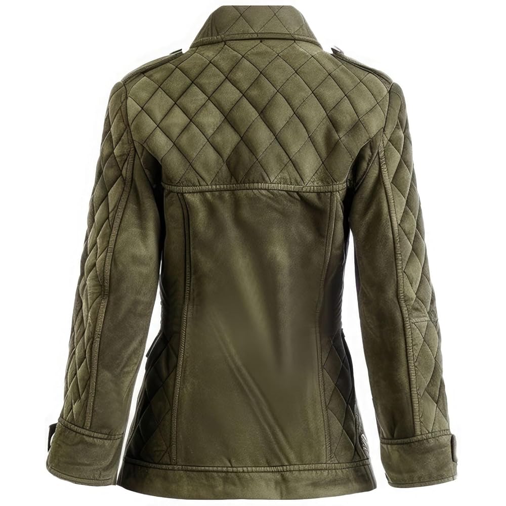 Women’s Olive Green Suede Shirt Collar Button-Up Quilted Mid-Length Leather Coat