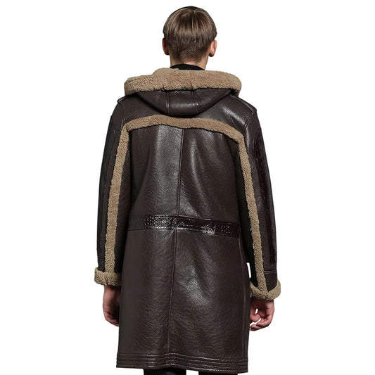 Men’s Brown Sheepskin Sherpa Shearling Faux Fur Hooded Winter Warm Military Leather Coat