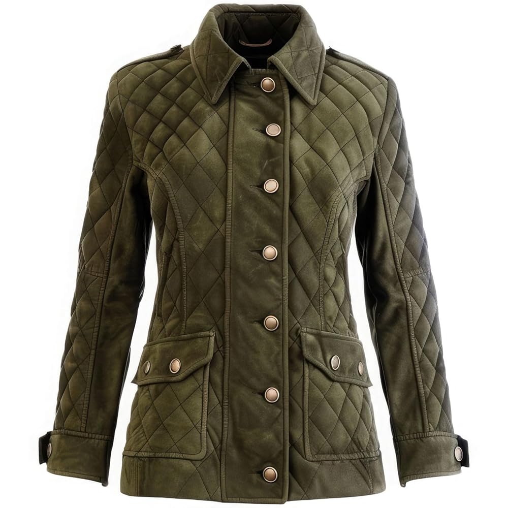 Women’s Olive Green Suede Shirt Collar Button-Up Quilted Mid-Length Leather Coat