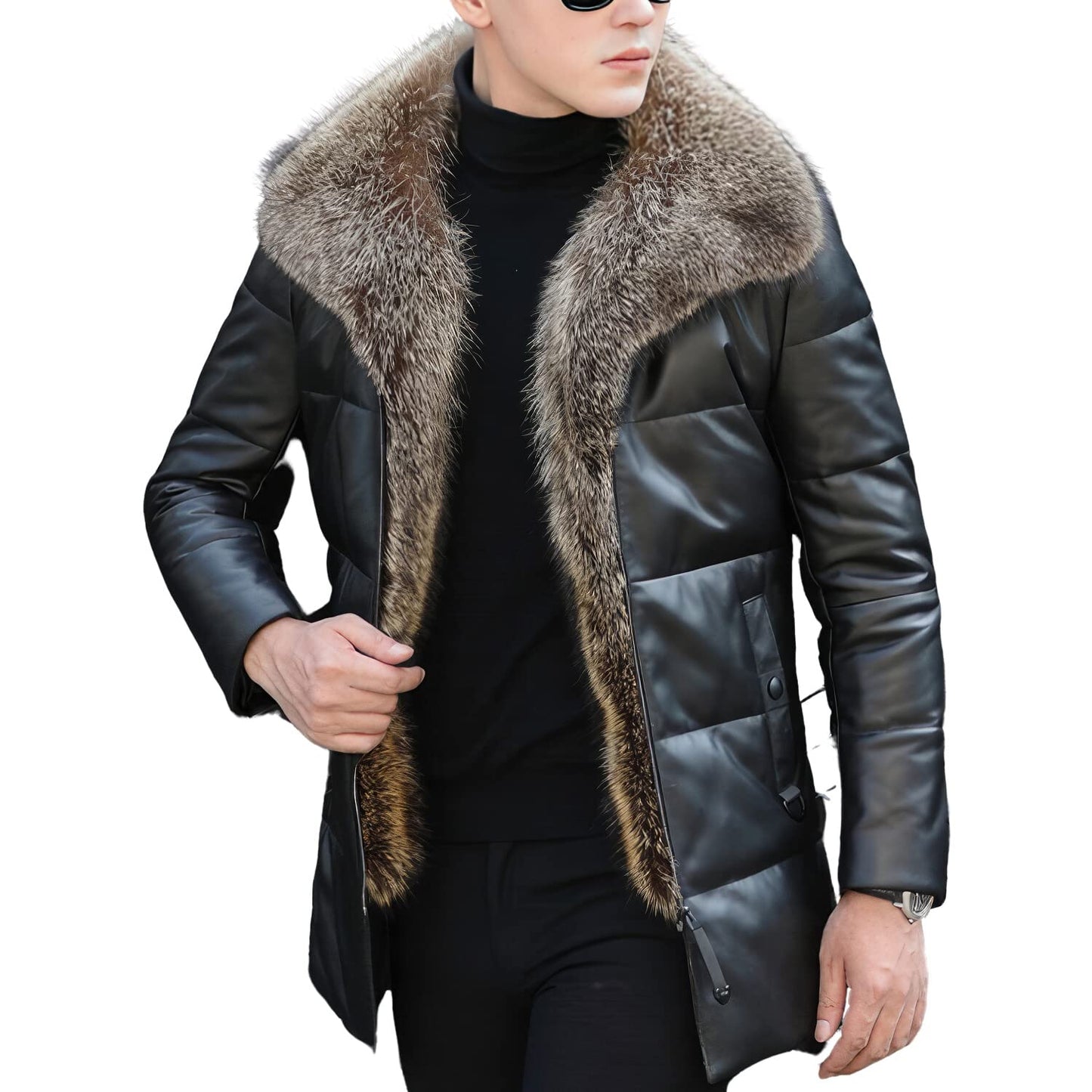 Men’s Black Genuine Sheepskin Sherpa Shearling Faux Fur Lined Thick Warm Slim Fit Padded Leather Puffer Jacket